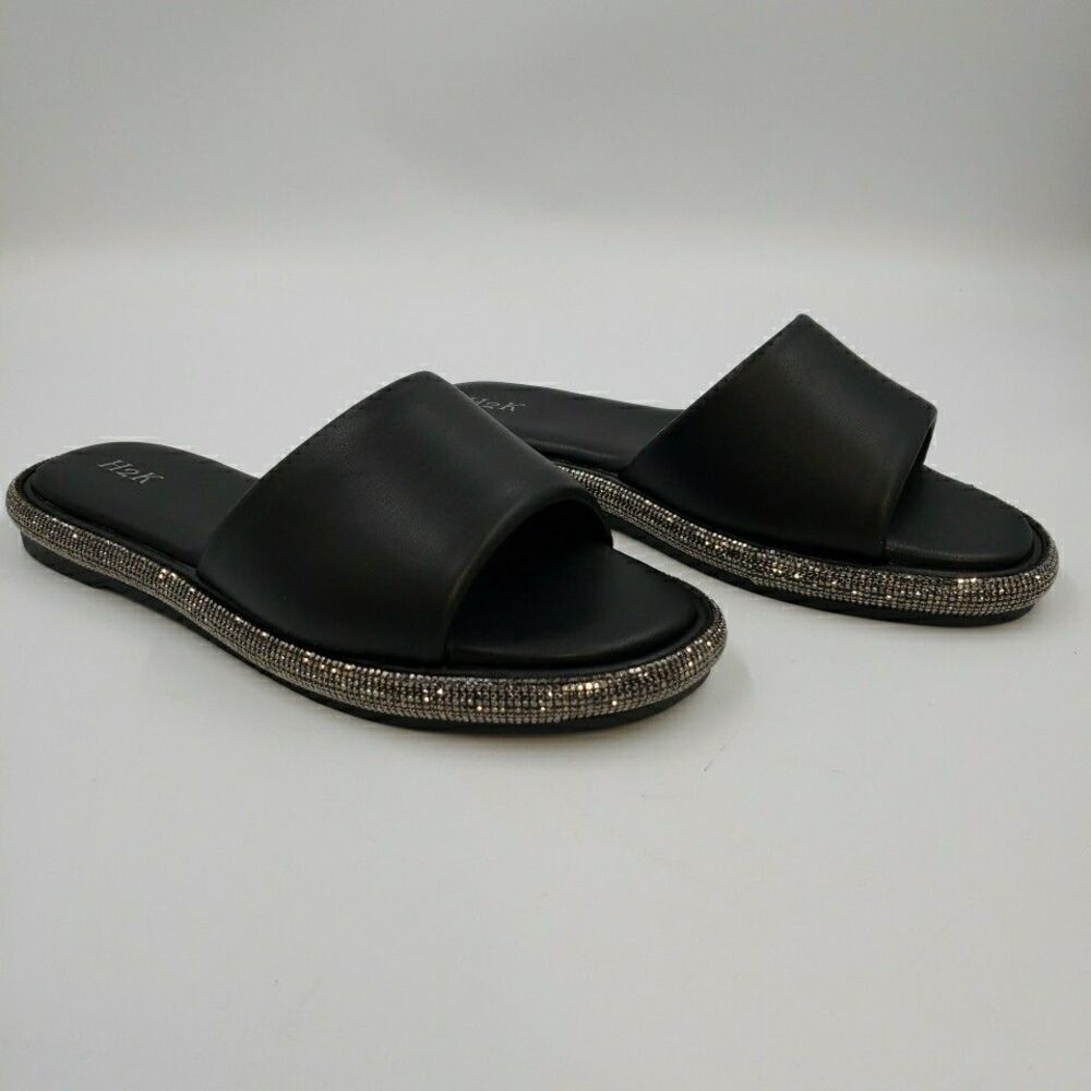 Womens 8 Pool Side Slides Black Silver Sandals Glam Cruise Slipper Summer Shoes